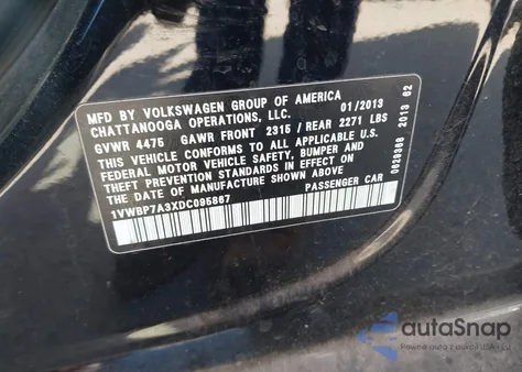 2013 Volkswagen Passat 2.5L Se z USA, uszkodzony, nr VIN 1VWBP7A3XDC095867